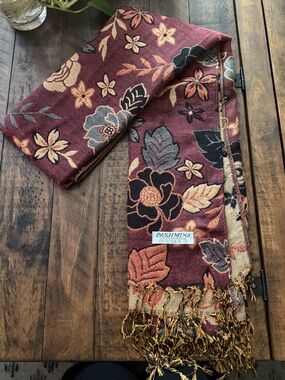 Pashmina Burgundy Floral Jacquard Scarf with Gold, Orange & Black Accents